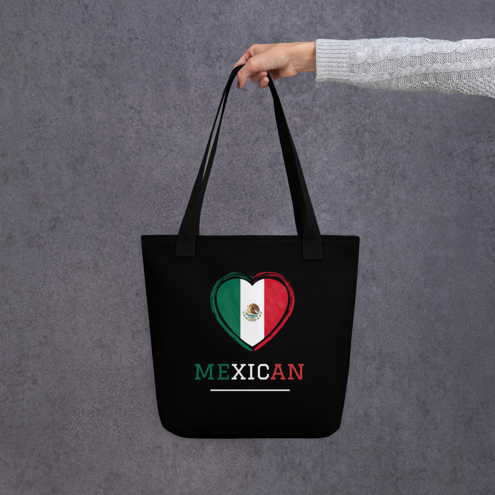 Black tote bag with Mexican flag heart design and 'MEXICAN' text on a gray background