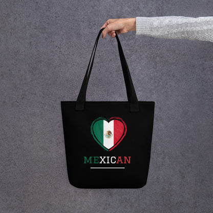 Black tote bag with Mexican flag heart design and 'MEXICAN' text on a gray background